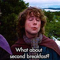 At one point, Aragon sees how his travelmates are unpacking, urging them to continue onwards instead. . Second breakfast gif
